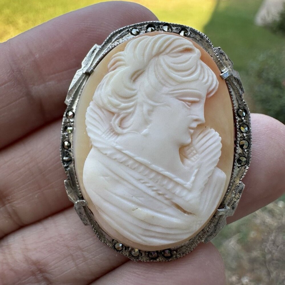 Antique Carved Shell Cameo Pendant Italy 800 Fine Silver 6.7g Marcasite 1.5"